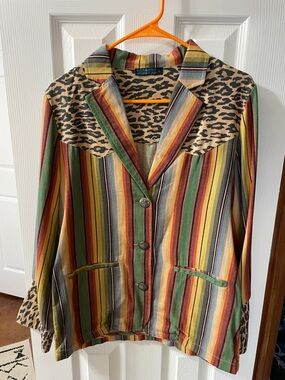 Vintage-Inspired Multicolor Striped Blazer with Leopard Yoke - Unbranded